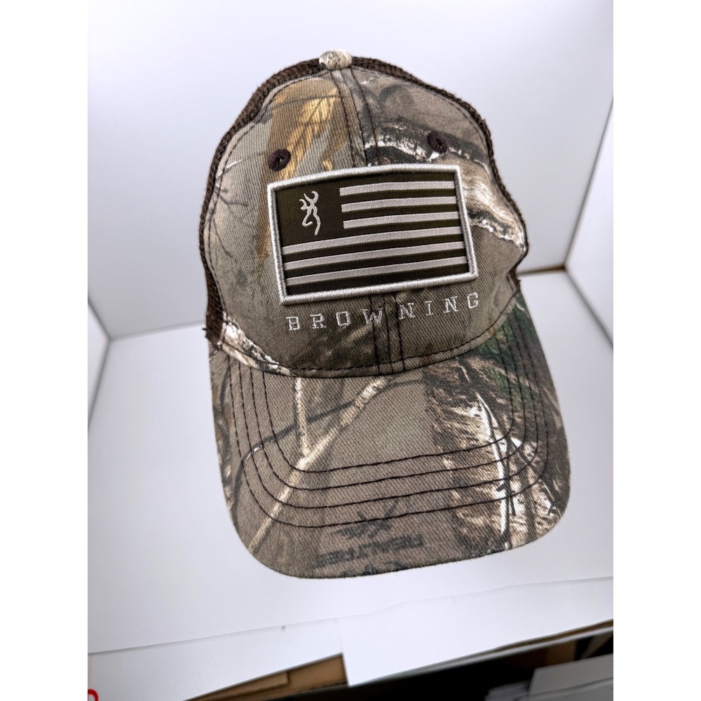 Browning Camo Trucker Hat Mens Realtree Edge American Flag Patch Snapback Cap